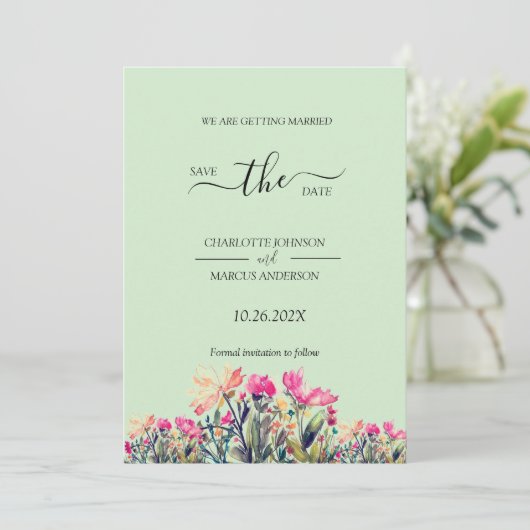 Floral Mint Green Save the Date Kaart (Staand voorkant)