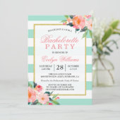 Floral Mint Green Stripes Gold Bachelorette Party Kaart (Staand voorkant)
