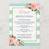 Floral Mint Green Stripes Gold Wedding Details Informatiekaartje (Voorkant)