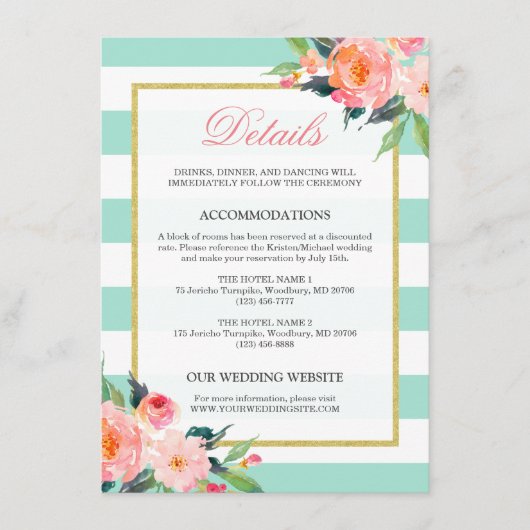 Floral Mint Green Stripes Gold Wedding Details Informatiekaartje (Voorkant)