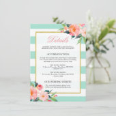 Floral Mint Green Stripes Gold Wedding Details Informatiekaartje (Staand voorkant)
