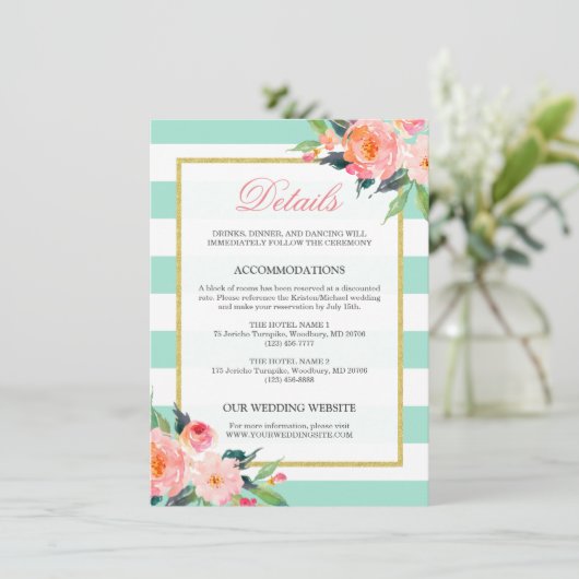 Floral Mint Green Stripes Gold Wedding Details Informatiekaartje (Staand voorkant)