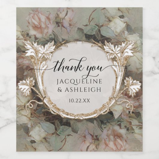 Floral Mint Roos Gold Weddenschap Hartelijk dank Wijn Etiket (Enkel label)