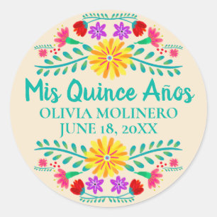Floral Mis Quince Anos Champagne Mexican Fiesta Ronde Sticker