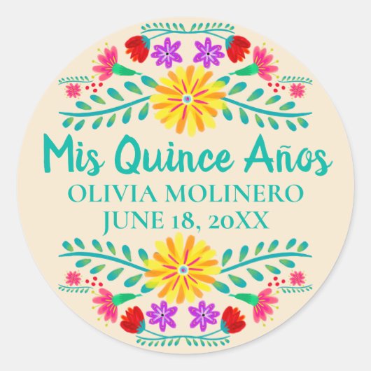 Floral Mis Quince Anos Champagne Mexican Fiesta Ronde Sticker (Voorkant)
