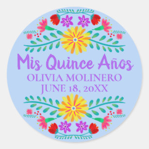 Floral Mis Quince Anos Light Blue Mexican Fiesta Ronde Sticker