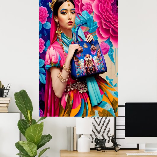 Floral mode prinses met handtas poster (Thuiskantoor)