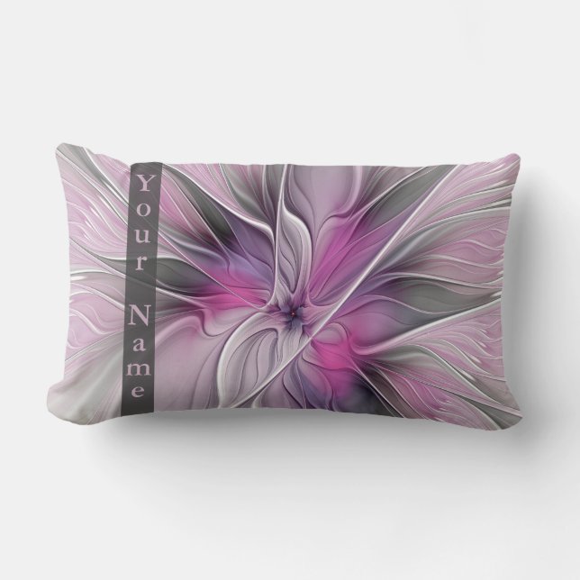 Floral Modern Abstracte Art Flower Pink Grey Name Kussen (Voorkant)