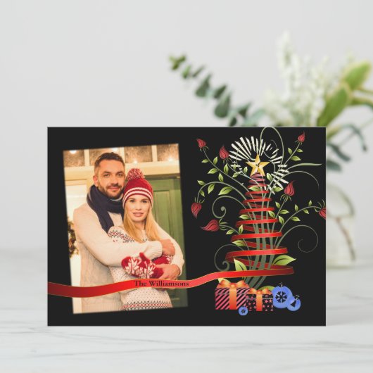 Floral Modern Art kerstboomfoto Feestdagenkaart (Staand voorkant)