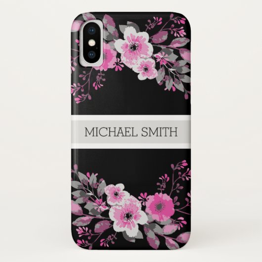 Floral Modern Black Elegant Name Case-Mate iPhone Case (Achterkant)