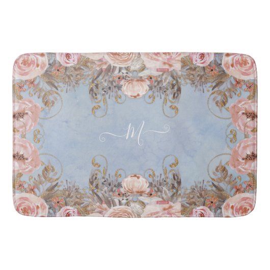 Floral Modern  blauwe roze roze Waterverf Badmat (Voorkant)
