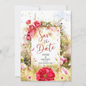 Floral Modern Crimson Red Roses Bruiloft Save The Date (Voorkant)