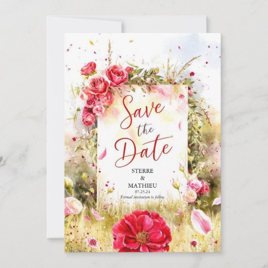 Floral Modern Crimson Red Roses Bruiloft Save The Date (Voorkant)