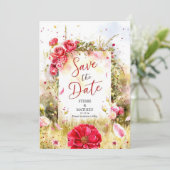 Floral Modern Crimson Red Roses Bruiloft Save The Date (Staand voorkant)