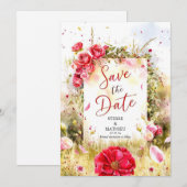 Floral Modern Crimson Red Roses Bruiloft Save The Date (Voorkant / Achterkant)