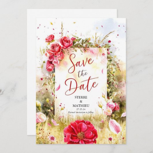 Floral Modern Crimson Red Roses Bruiloft Save The Date (Voorkant / Achterkant)