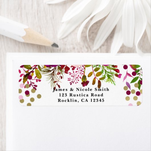 Floral Modern Gold Burgundy Bold Vrijgezellenfeest Etiket (Insitu)