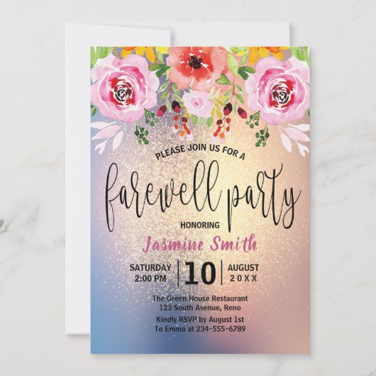 Floral Modern Gold Glitter Farewell Kaart (Voorkant)