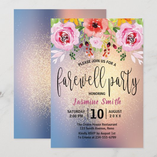 Floral Modern Gold Glitter Farewell Kaart (Voorkant / Achterkant)