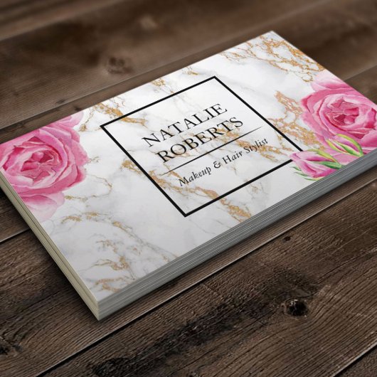  Floral Modern Gold Marble Makeup Artist Visitekaartje