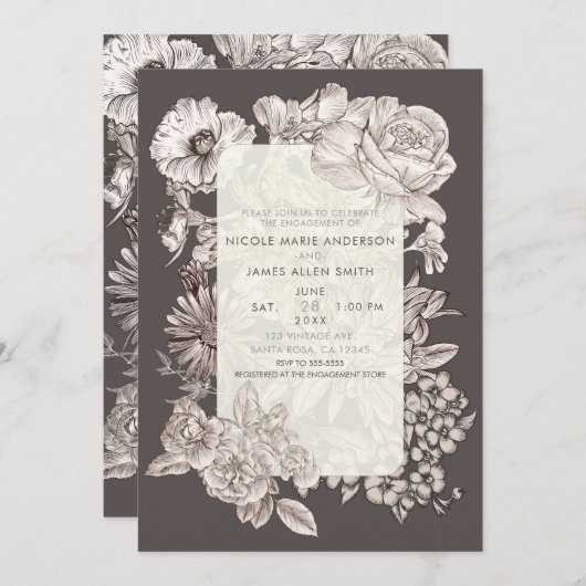 Floral modern ivoor en grijs Verloving Kaart (Voorkant / Achterkant)