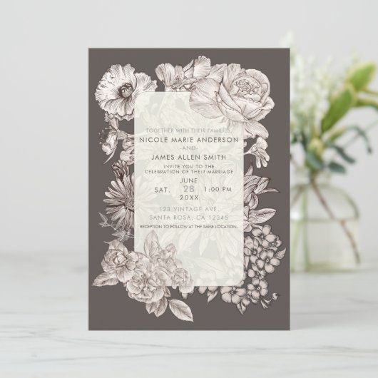  Floral Modern Ivory & Gray Wedding Invitat Kaart (Staand voorkant)