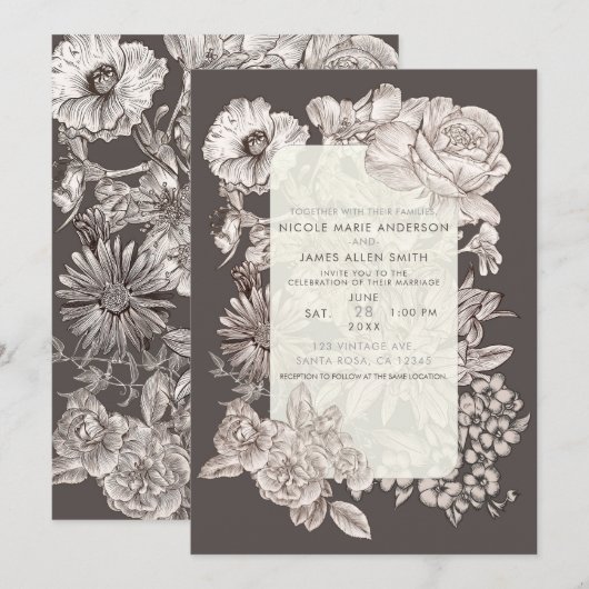  Floral Modern Ivory & Gray Wedding Invitat Kaart (Voorkant / Achterkant)