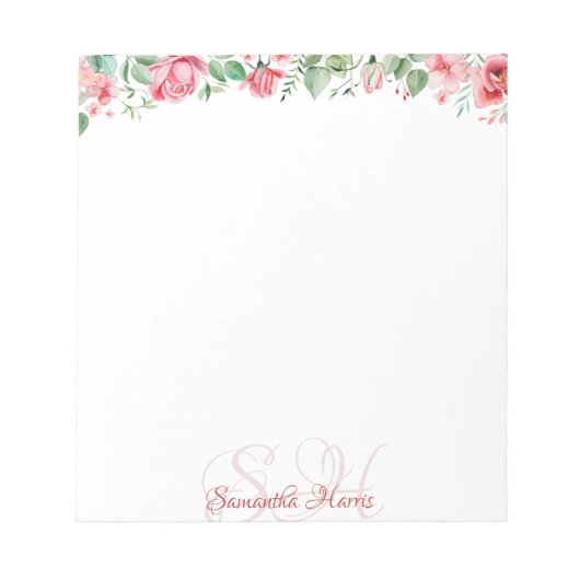 Floral Modern Monogram Flowers Custom Name Notitie Notitieblok (Voorkant)
