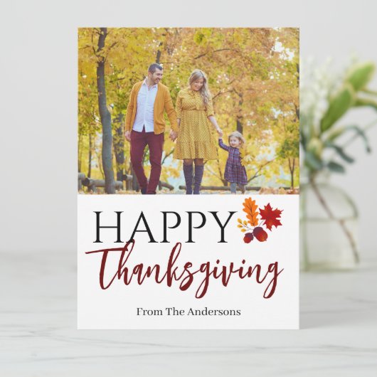 Floral Modern Monogram Thanksgiving familiefoto Feestdagenkaart (Staand voorkant)