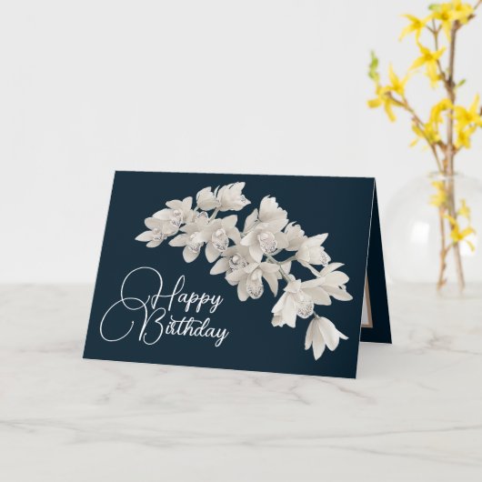  Floral Modern Orchid Flower Navy Birthday Kaart (Gele Bloem)