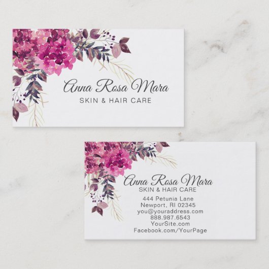 *~* Floral Modern Pink Waterverf Hygrangea Visitekaartje (Voorkant / Achterkant)