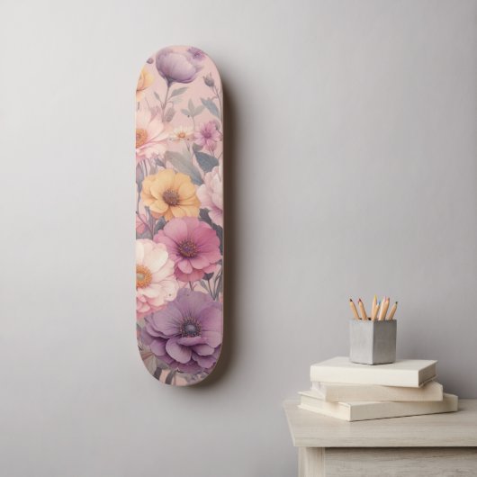 Floral modern roos roze meisjesachtig stijlvol persoonlijk skateboard (Muurkunst)