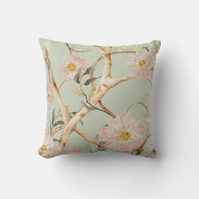Floral Modern Sage Groene Chinoiserie Waterverf Kussen (Voorkant)