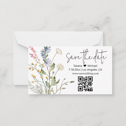 Floral Modern Save The Date QR Code Wildflower Notitiekaartje (Voorkant)