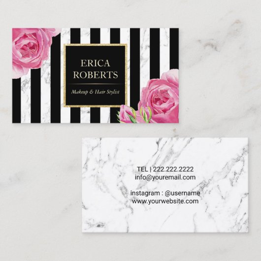  Floral Modern Stripes Marble Makeup Artist Visitekaartje (Voorkant / Achterkant)