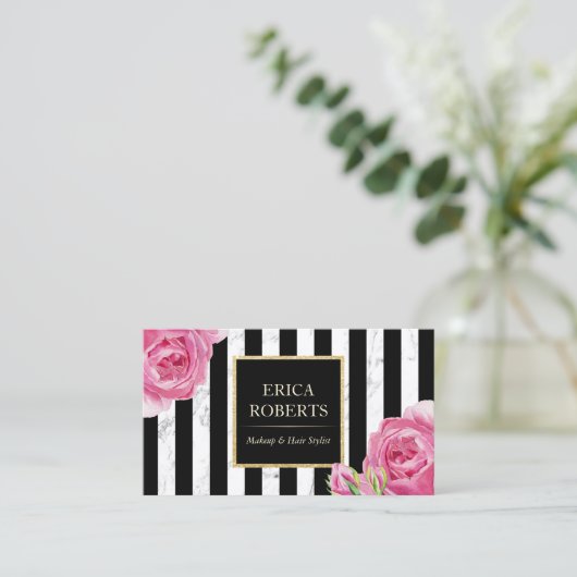  Floral Modern Stripes Marble Makeup Artist Visitekaartje (Staand voorkant)