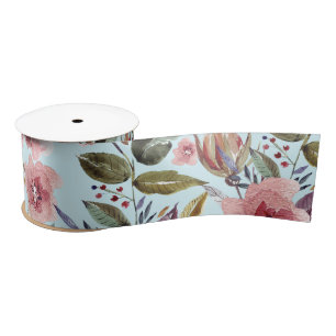 Floral Modern Summer Flower Pattern on Blauwgroen Satijnen Lint