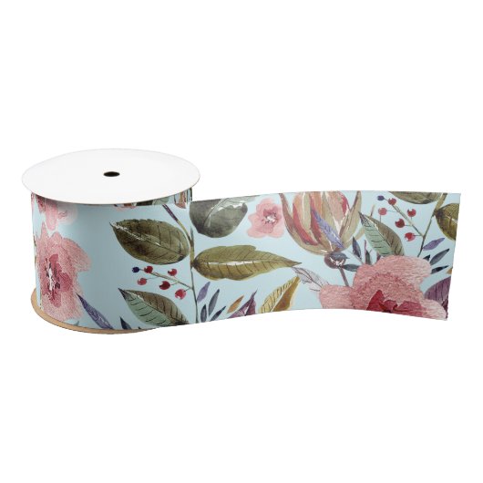Floral Modern Summer Flower Pattern on Blauwgroen Satijnen Lint (Spoel)