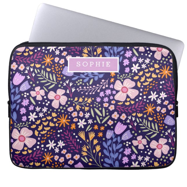 Floral Modern Wildflowers Girly Elegant Stylish Laptop Sleeve (Voorkant)