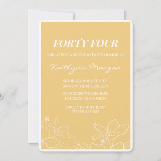 Floral Modern Yellow 44e verjaardag uitnodigingen (Voorkant)