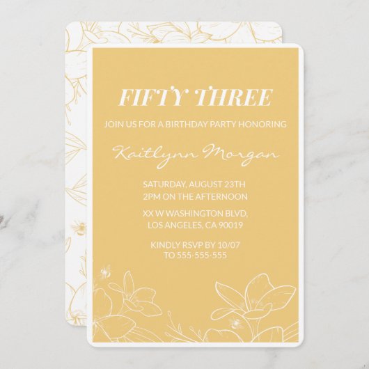 Floral Modern Yellow 53ste verjaardag uitnodiginge Kaart (Voorkant / Achterkant)