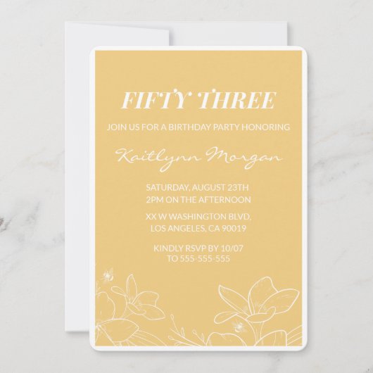 Floral Modern Yellow 53ste verjaardag uitnodiginge Kaart (Voorkant)