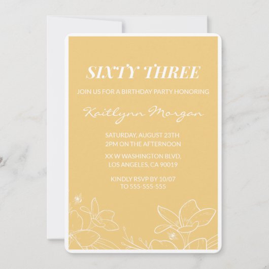 Floral Modern Yellow 63ste verjaardag uitnodiginge Kaart (Voorkant)