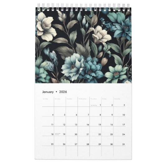 Floral modern zwart blauw meisjesachtig stijlvol kalender (Jan 2026)