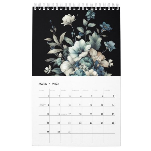 Floral modern zwart blauw meisjesachtig stijlvol kalender (Mar 2026)