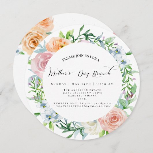 Floral Moederdag Brunch Circle Uitnodiging (Voorkant / Achterkant)