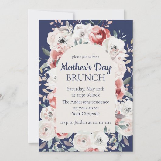 Floral Moederdag Brunch Navy Blue Invitation Kaart (Voorkant)