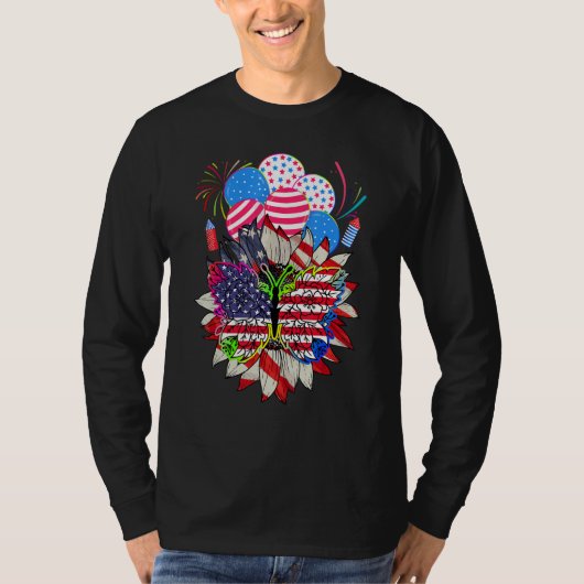 Floral Monarch Butterfly American Flag 4th Of July T-shirt (Voorkant)