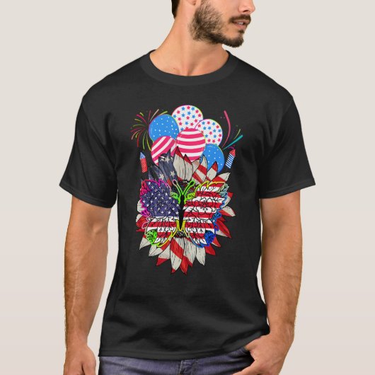 Floral Monarch Butterfly American Flag 4th Of July T-shirt (Voorkant)
