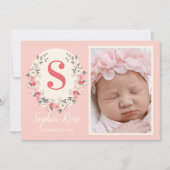 Floral Monogram Baby Girl Aankondiging Blush Pink (Voorkant)